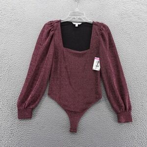 Steve Madden Womens Burgundy Red Metallic Puff Sleeve Bodysuit Small NEW
